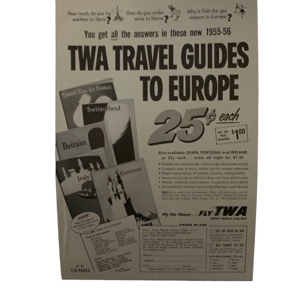 Vintage 1955 TWA Travel Guides to Europe Ad Advertisement